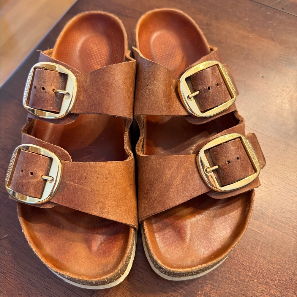 Birkenstock big buckle Brown Leather Sandals with Gold Buckles